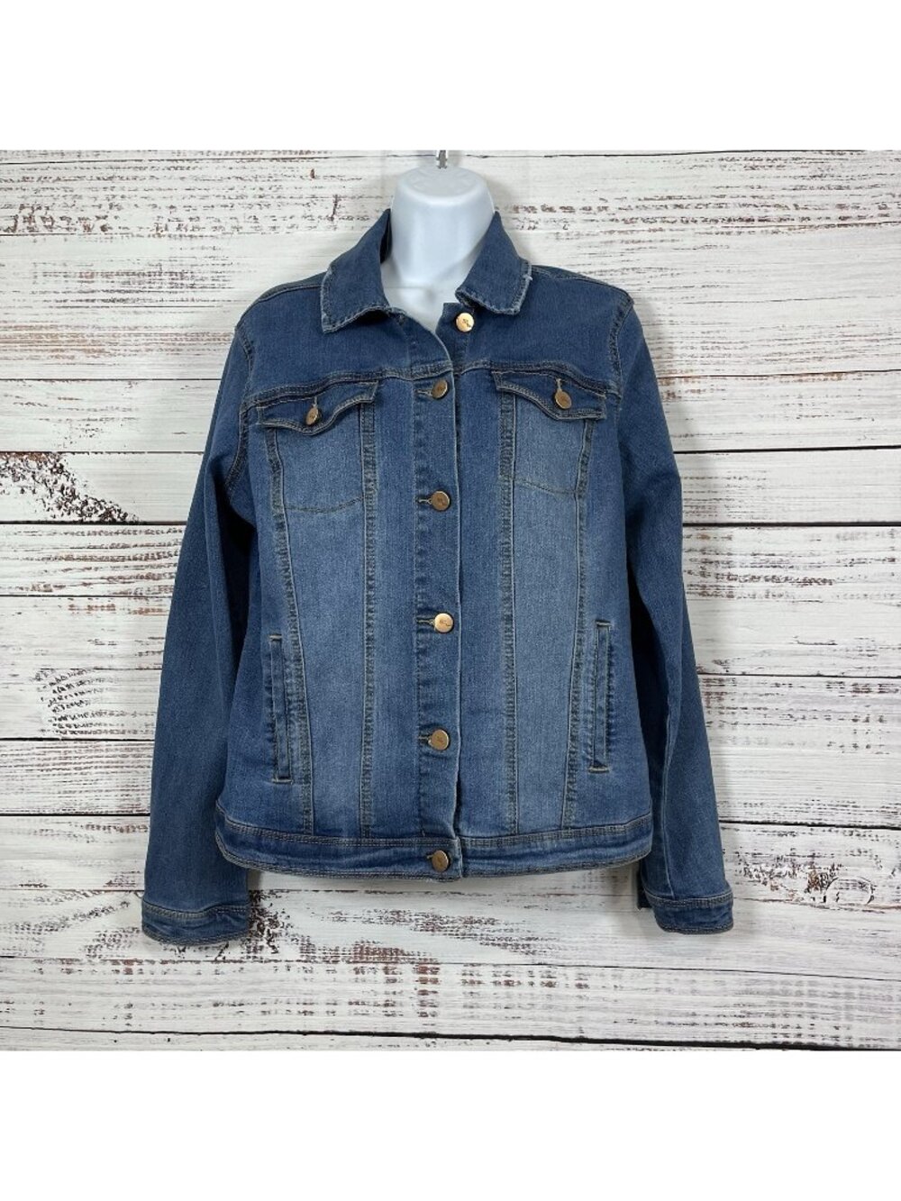 1822 Denim Blue Button Distressed  Medium Wash Jean Jacket